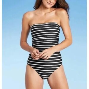 Kona Sol Black White‎ Striped One Piece Swimsuit Strapless Ruched Size XL